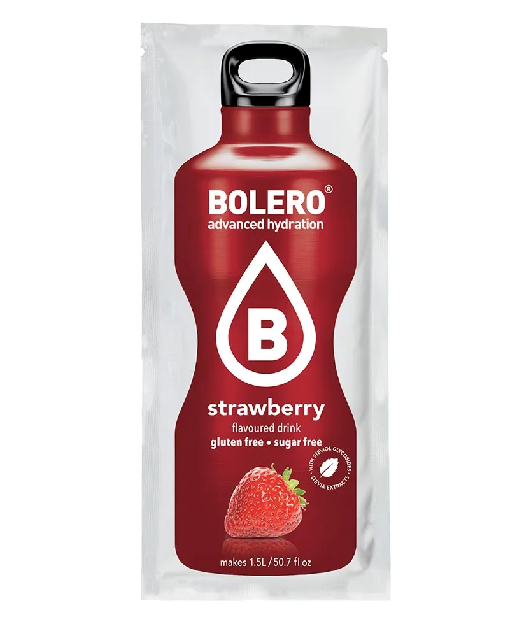 Bolero Instant Erdbeere 9g Pulver in Beutel, zeigt die Erdbeere-geschmacksreiche Verpackung und das Pulver für Getränke.