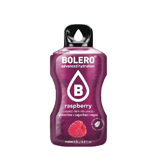 Bolero Instant-Getränkesticks Himbeere, 3g, in Packung mit mehreren Beuteln, zeigt die Beutel mit Himbeer-Geschmack.