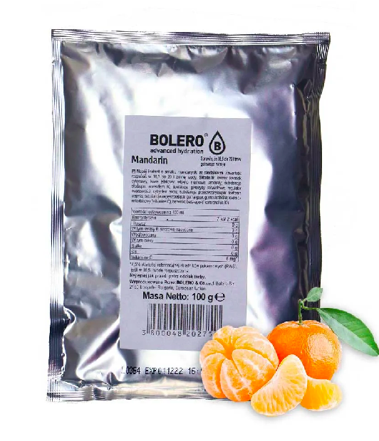 Bolero Mandarine Bolero Tasche mit 100g, orangefarbige Verpackung, Mandarinen-Design, für gesunde Snacks und Ernährung.