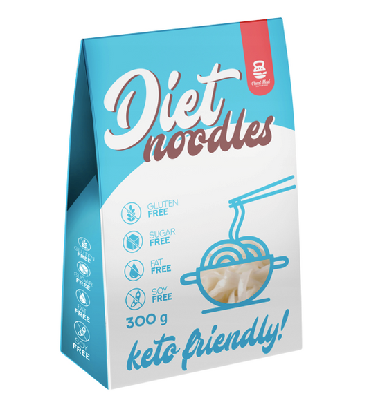 Konjac-Diät-Nudeln von Cheat Meal, 300 g, mit dünnen, transparenten Nudeln in einer transparenten Schale.