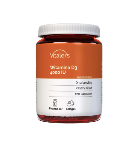 Vitaler's Vitamin D3 4000 IU Packung mit 120 Kapseln, Nahaufnahme der schwarzen Kapseln in einer Blisterpackung