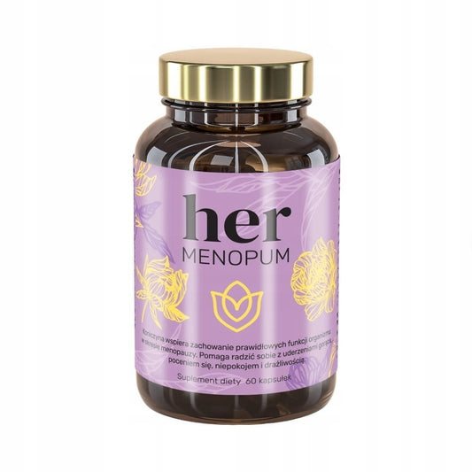 Noble Health Her Menopum 60 Kapseln: Nahaufnahme der Kapseln in einer Packung, zur Unterstützung des hormonellen Gleichgewichts bei Frauen.