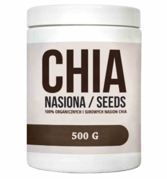 MedFuture Chia-Samen in 500g Packung, showing die kleinen, schwarzen Samen in einer transparenten Verpackung.