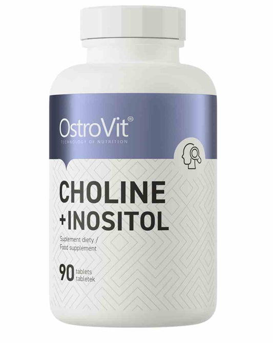 OstroVit Cholin + Inositol Tabletten, 90 Stück, Nahaufnahme der Tabletten in einer Packung auf weißem Hintergrund