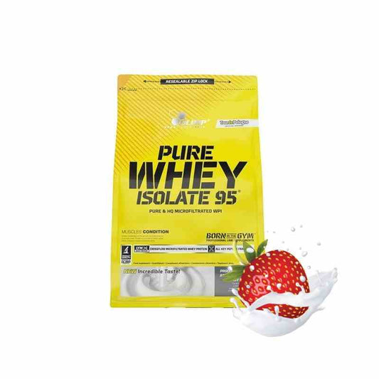 Olimp Pure Whey Isolate 95 Erdbeergeschmack, 1,8 kg Proteinpulver mit fruchtigem Erdbeeraroma, offene Verpackung und Messbecher
