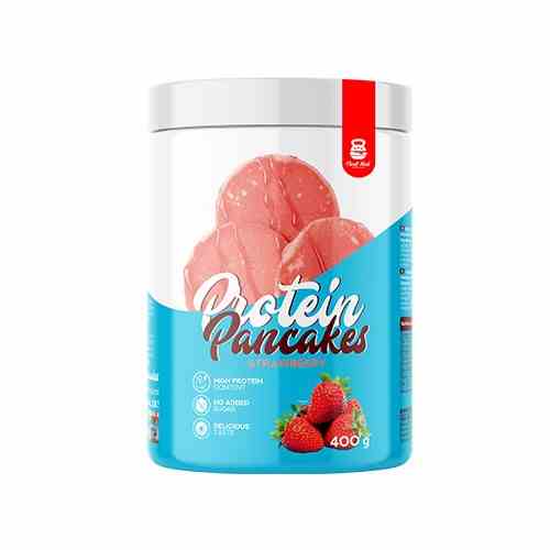 Cheat Meal Protein-Pfannkuchen mit Erdbeergeschmack, 400g, frisch zubereitet, mit Erdbeerstücken und goldbrauner Oberfläche