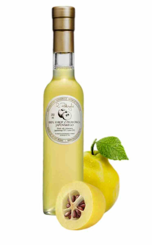 Quitten-Presssirup von Biogo.pl, 250 ml Flasche, zeigt den goldfarbenen Sirup in einer Flasche mit Etikett.