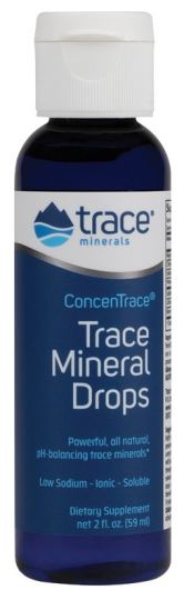Trace Minerals ConcenTrace Spurenelement-Tropfen in 59 ml Flasche, Nahaufnahme der Flasche mit Tropfen auf der Verpackung