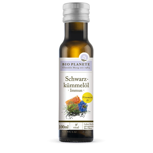 Schwaröl mit Honig für die Immunität, Bio-Qualität, 100 ml Flasche, BIO PLANETE, dunkles Öl mit Honigstücken in Glasflasche