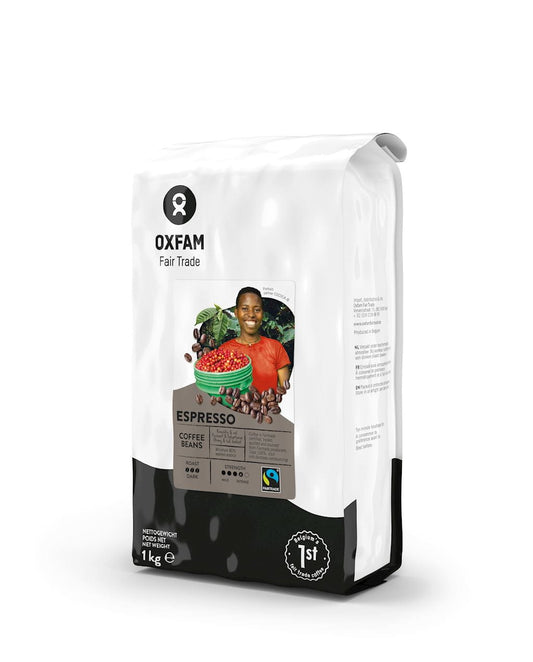 Bio Arabica Robusta Kaffee Espresso, 1 kg, fair gehandelt, OXFAM, frisch gemahlen und bereit für den Espresso-Genuss.