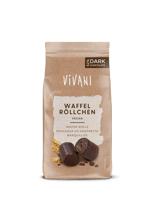 VIVANI Bio Waffelröllchen in Bitterschokolade, 125 g, mit dunkler Schokolade überzogen und knusprigem Waffelgefüge.