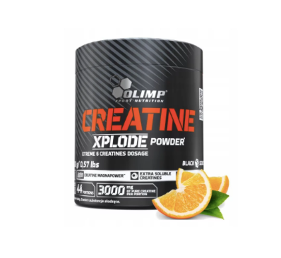 Olimp Kreatin Xplode in Orangengeschmack, 260g, zeigt die Dose mit orangefarbener Verpackung und Kreatin-Produktlabel.
