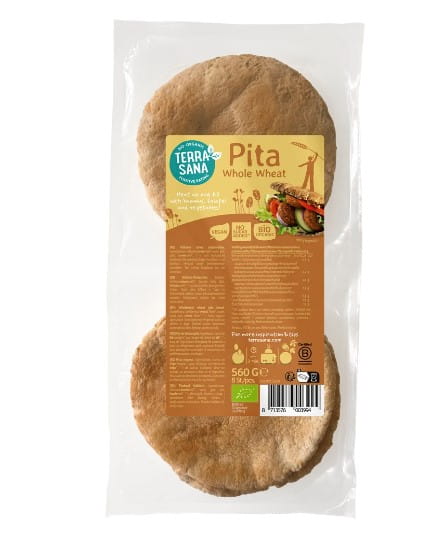 Vollkorn-Pita-Brot von TERRASANA, Bio, 560 g, frisch gebacken, weiches Vollkornbrot mit runder Form und goldener Kruste