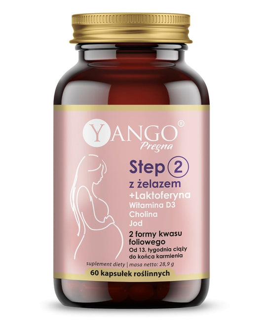 Yango Stufe 2 + Eisen Pregna, 60 Kapseln, zeigt die Verpackung mit Kapseln und Produktname auf weißem Hintergrund.