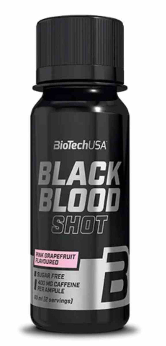 Schwarzer Blut Shot von BioTech USA in 60ml Flasche mit Grapefruit-Geschmack, vorne sichtbar auf weißem Hintergrund