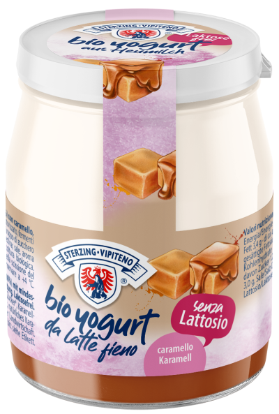 Laktosefreier Bio Karamellmilchjoghurt im Glas von STERZING-VIPITENO, cremiger Joghurt mit Karamellgeschmack, 150 g.
