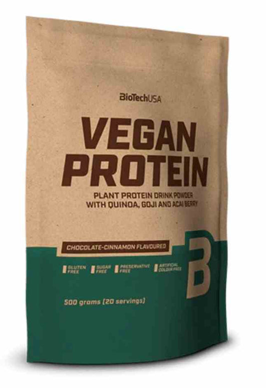 Veganes Proteinpulver von BioTech USA mit Vanille-Keks-Geschmack, 500g Packung, fein gemahlen und in einer offenen Verpackung sichtbar