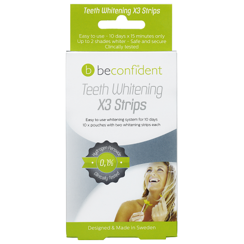 Weiße Zahnweiß-Streifen von BeConfident, 10 Tage Packung mit 20 Stück, für strahlendes Lächeln und Zahnaufhellung.
