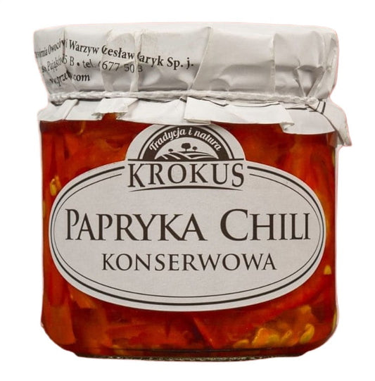 Glutenfreie Chili-Pfeffer im Glas von KROKUS, scharfe Gewürzpaste, 180 g, detailreiche Nahaufnahme der roten Chili-Schoten