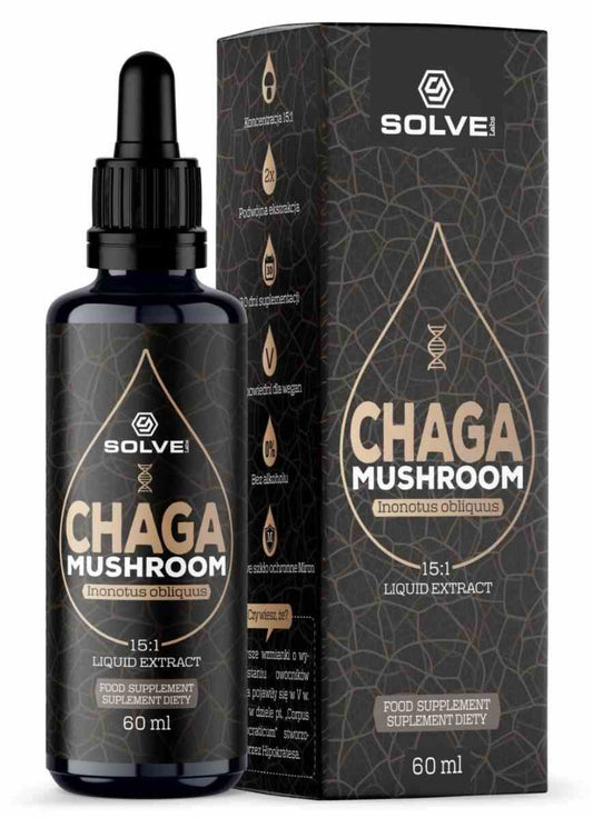 SolveLabs Subcortex Chaga Tropfen in 60 ml Flasche, dunkle Flüssigkeit mit Tropfenzähler, natürliche Heilmittel für das Wohlbefinden.