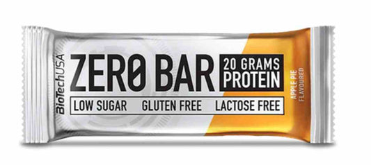 BioTech USA Zero Bar 50g Apfelkuchen-Geschmack, proteinreicher Riegel mit Apfelkuchen-Aroma, auf weißem Hintergrund.