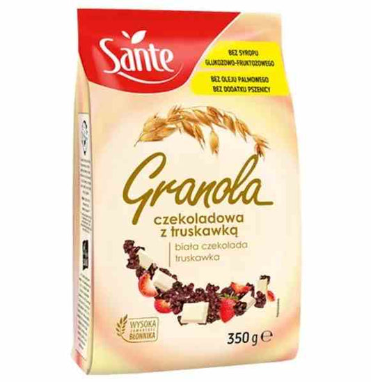 Müsli von Sante mit weißer Schokolade und Erdbeeren in 350g Packung, sichtbar in der Verpackung.