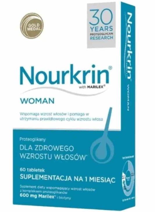 Nourkrin Woman Trichopartner Proteoglykane Tabletten für gesundes Haar, geöffnetes Fläschchen mit 60 Tabletten, auf weißem Hintergrund