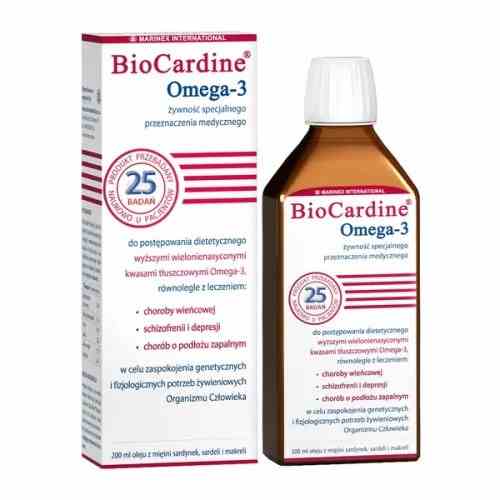 BioCardine® Omega-3 Sardinen- und Makrelenmuskelöl, flüssig in 200 ml Flasche, zeigt die klare Flüssigkeit und Dosierungsaufschrift