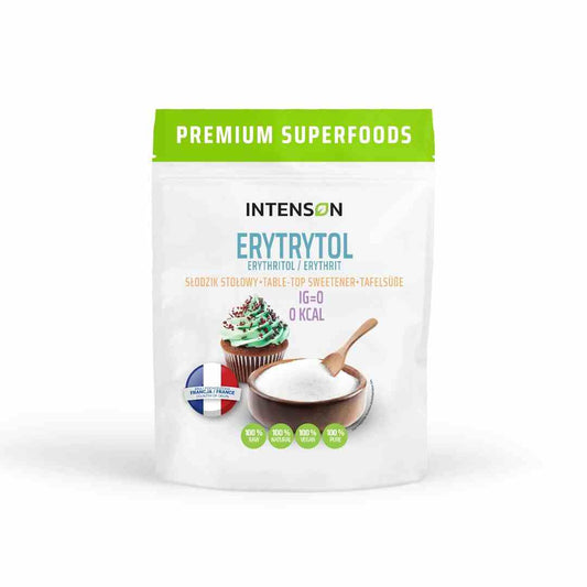 Erythritol von Intenson in 500g Packung, französischer Zuckeraustauschstoff, auf weißem Hintergrund.