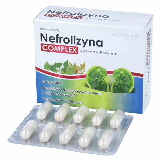 Aktivlab Nephrolysin COMPLEX Kapseln in einer offenen Packung, Nahrungsergänzung für die Nierenfunktion, auf weißem Hintergrund