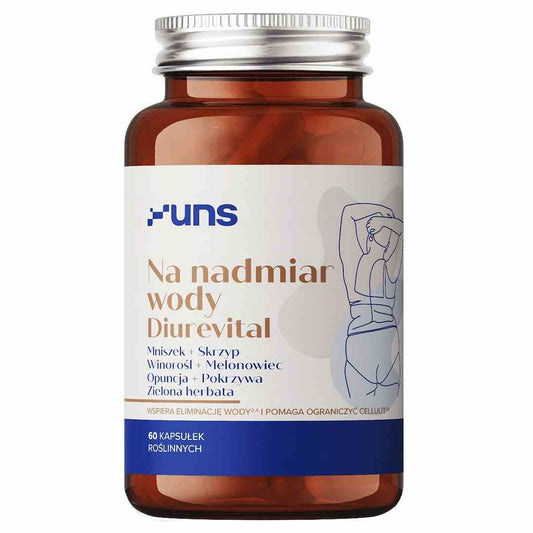 Vegane Diurevital 60 Kapseln von Dystrybutor Biogo.pl, für überschüssiges Wasser und Entwässerung, sichtbare Kapseln in der Packung