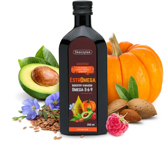 Flasche Skoczylas Estromega Premium 250 ml mit weißem Etikett und blauer Verschluss, ideal für landwirtschaftliche Anwendungen