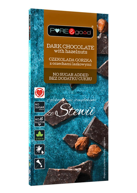 Bittere Schokolade mit Haselnüssen und Stevia von PURE&GOOD, glutenfrei, ohne Zuckerzusatz, 125 g, Nahaufnahme der Schokoladentafel