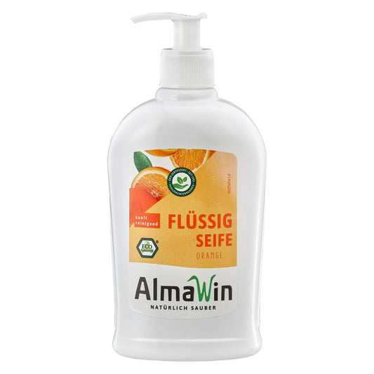 Orangen-Seife ECO von ALMAWIN in 500 ml Flasche, natürliche Reinigungsseife mit Orangenöl, umweltfreundlich und biologisch abbaubar