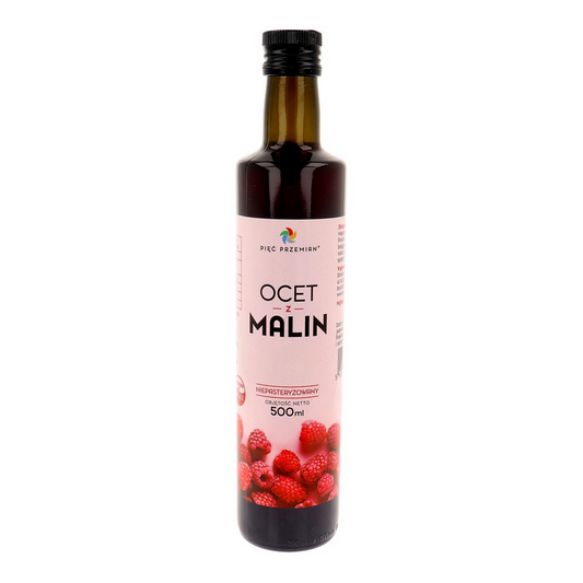 Flasche mit 500ml Himbeeressig von PIĘĆ PRZEMIAN (SIMPATIKO), dunkle Glasflasche mit rotem Essig und Etikett.