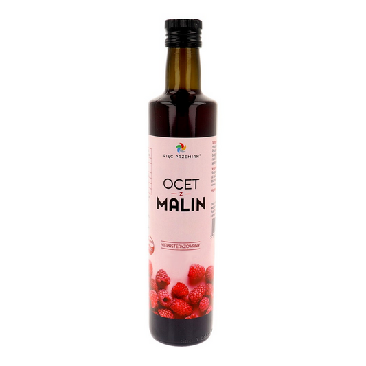 Himbeeressig von PIĘĆ PRZEMIAN, 250 ml Flasche, Nahaufnahme mit frischen Himbeeren im Hintergrund