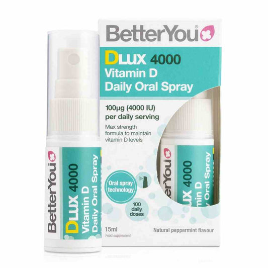 BetterYou DLux 4000 Vitamin D Spray Minze, 15 ml Flasche mit Sprühkopf, zeigt das Produkt in der Verpackung.