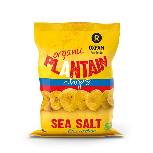 Bio Plantana Chips mit Meersalz von OXFAM Fair Trade, knusprige pflanzliche Snacks in 85 g Packung.