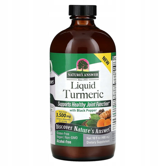 Natürliche Kurkuma mit schwarzem Pfeffer von Nature's Answer in einer 480 ml Flasche, enthält frische Kurkumawurzeln und Pfeffer.