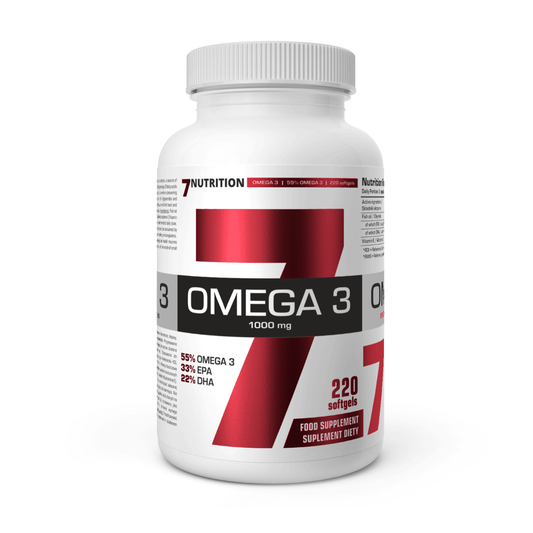 Omega-3 1000mg Weichkapseln von 7Nutrition, geöffnet, zeigt die gelben Weichkapseln in der Dose.