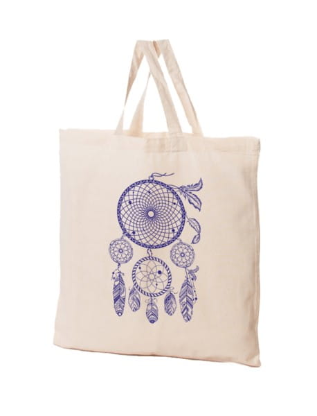 Lila Bio-Baumwolltasche mit Traumfänger-Design von FRASPO, nachhaltige Einkaufstasche aus Bio-Baumwolle.
