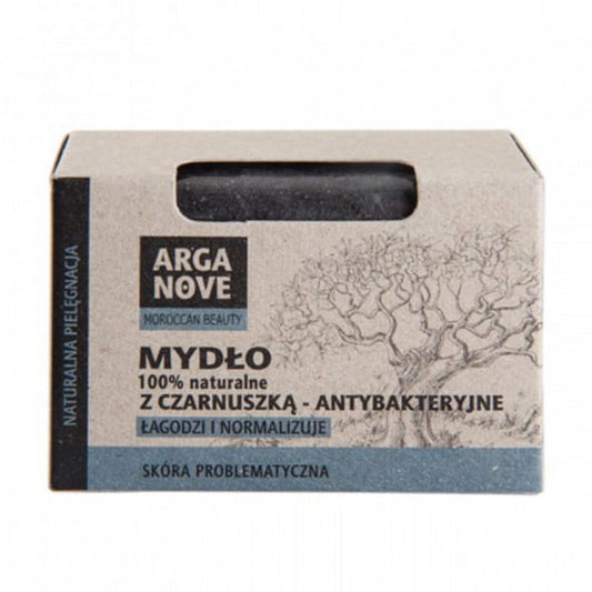 Antibakterielle Arganseife mit Nigella von MAROKO, 100 g, zeigt eine Seife mit natürlichen Inhaltsstoffen und elegantem Verpackungsdesign.