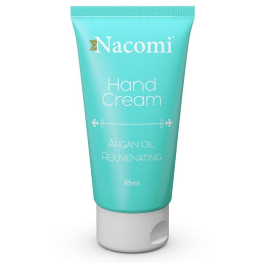 Nacomi verjüngende Handcreme in 85 ml, zeigt eine offene Tube mit cremiger Textur und frischer Verpackung.