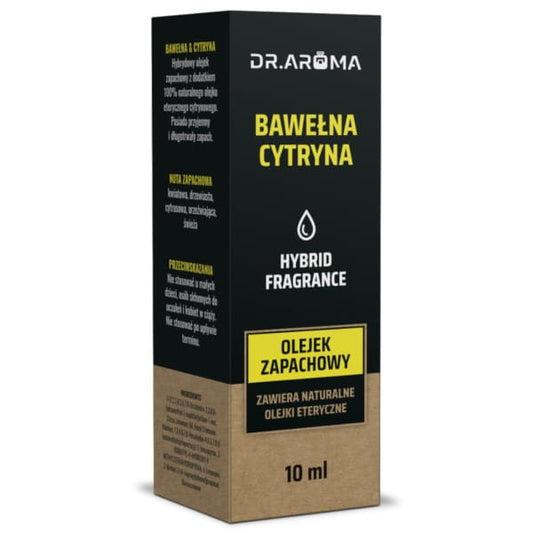 Flasche mit 10 ml Baumwolle und Zitronenöl von DR.AROMA, ätherisches Öl für Aromatherapie und Wellness.