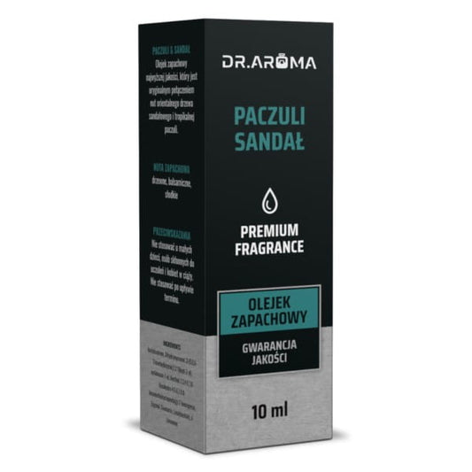 Flasche mit 10 ml DR.AROMA PACULI & SANDAEL ätherischem Öl, dunkle Glasflasche mit Pipette, auf weißem Hintergrund.
