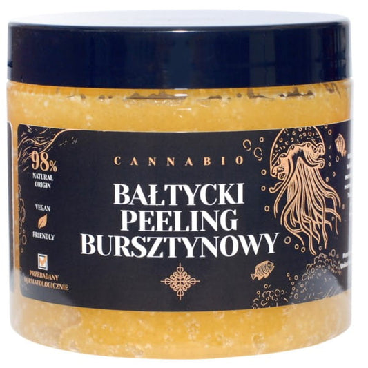 Baltisches Bernstein-Peeling von CANNABIO in einer 250 g Packung, zeigt das Produkt in einer offenen Verpackung.
