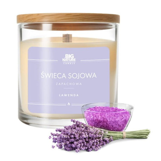 Große Lavendel-Soja-Kerze von BIG NATURE, 215 g, mit Lavendelduft und natürlichem Wachs, auf einer dekorativen Oberfläche.