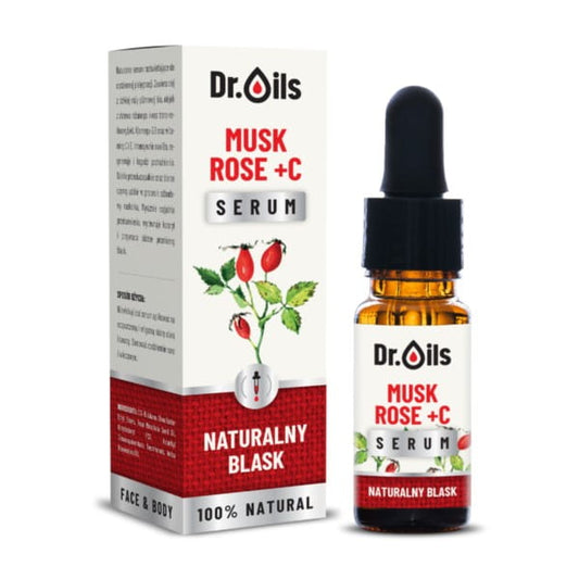 Hochwertiges Dr. Oils Serum Moschus Rose + C in 10 ml Flasche, mit natürlichem Duft und pflegender Formel, auf weißem Hintergrund.