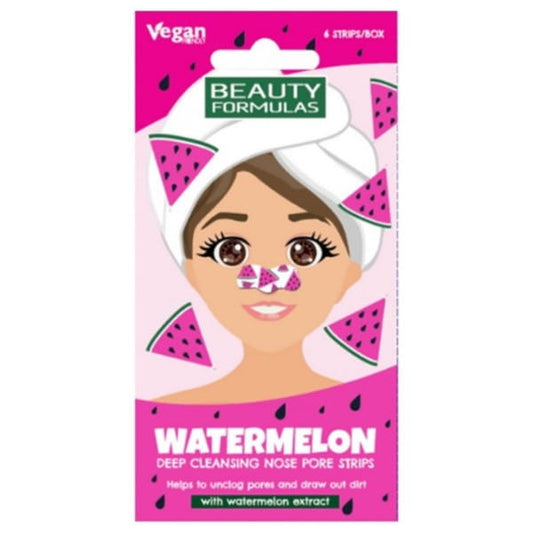 Nasenstreifen von BEAUTY FORMULAS, tiefenreinigend mit Wassermelonen-Duft, 6 Stück, zeigt die Anwendung auf der Nase