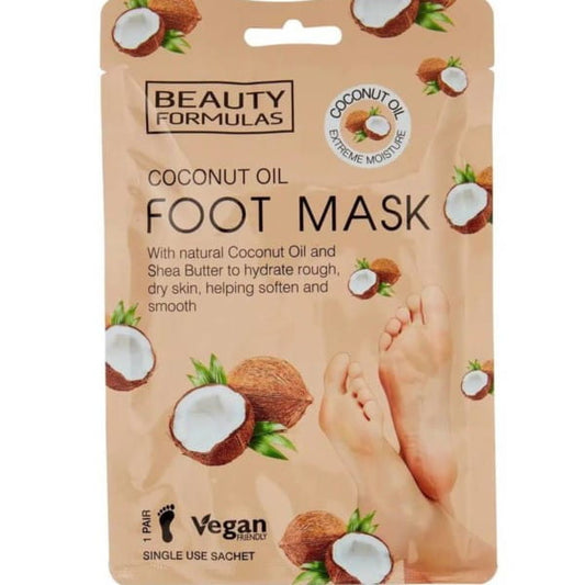 Beauty Formulas Kokosnussöl-Fußmaske, cremefarbene Verpackung mit Fußmaske im Bild